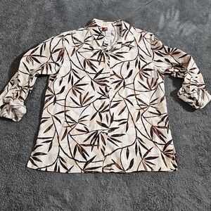 JM Collection 100% Linen Button Up Shirt Nuetral Bamboo Leaf Roll Up Sleeve 8